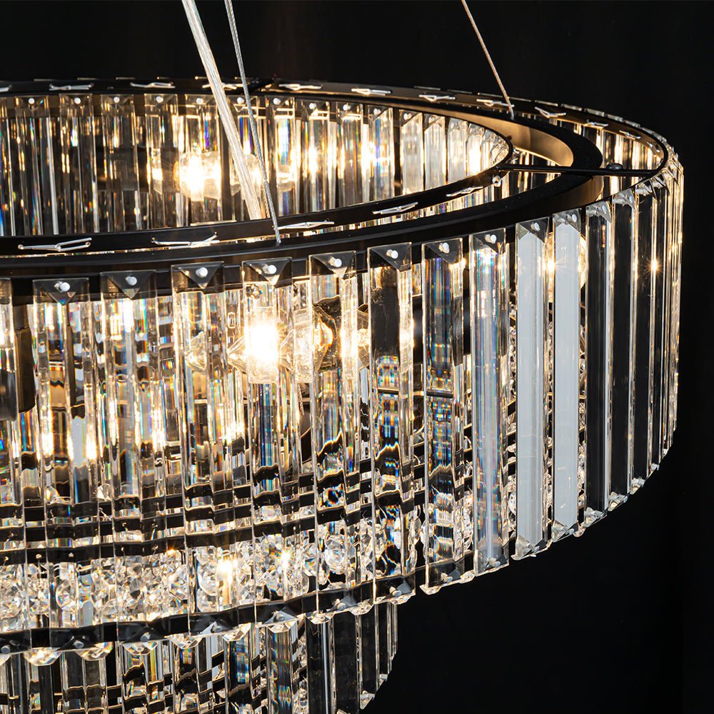 Lampadario a Tamburo Rotondo a Strati con Accenti in Cristallo di Lusso a 12 Luci