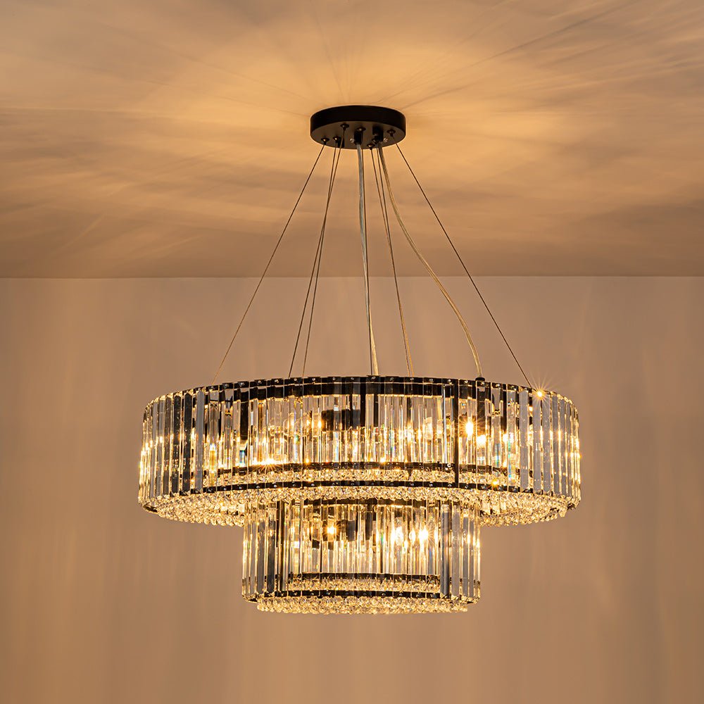 Lampadario a Tamburo Rotondo a Strati con Accenti in Cristallo di Lusso a 12 Luci