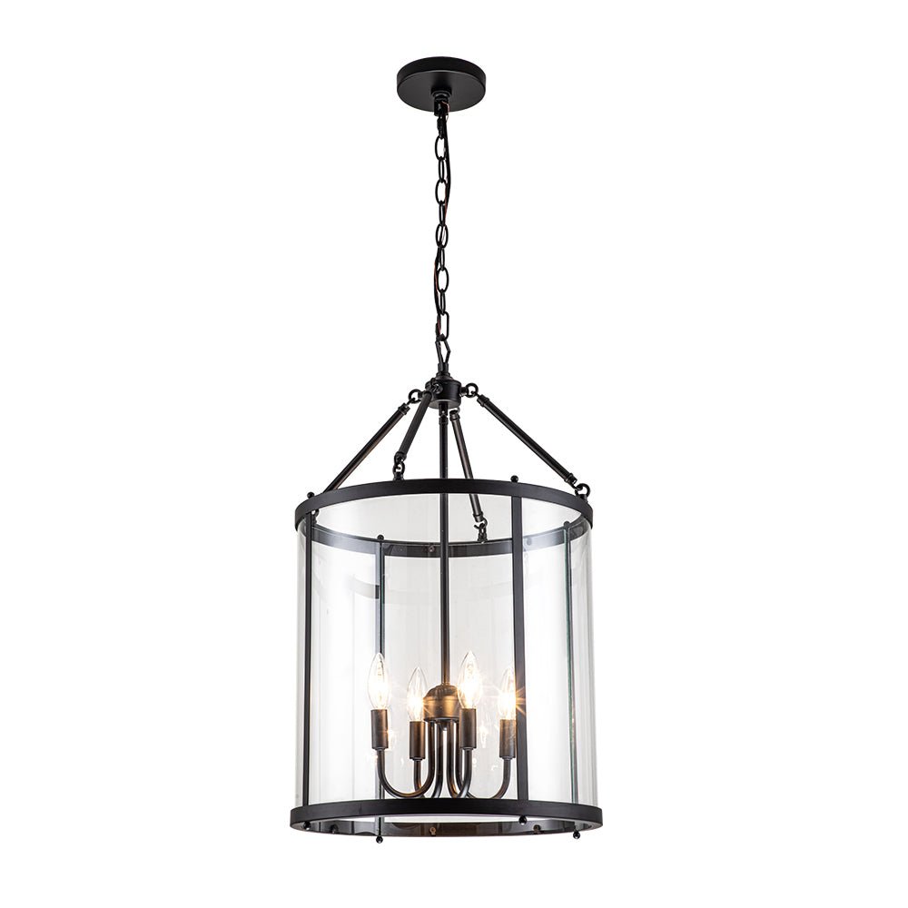 Lampadario a lanterna in vetro cilindrico con 4 luci in stile industriale