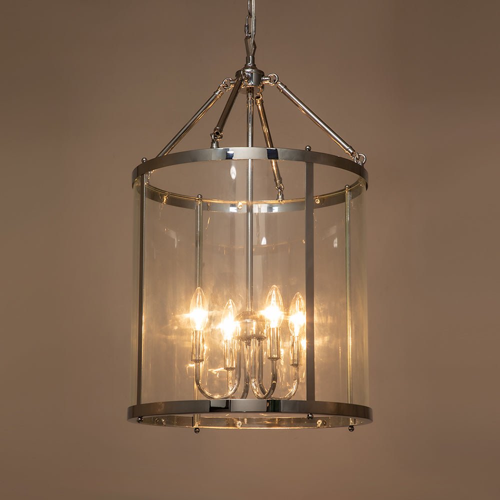 Lampadario a lanterna in vetro cilindrico con 4 luci in stile industriale