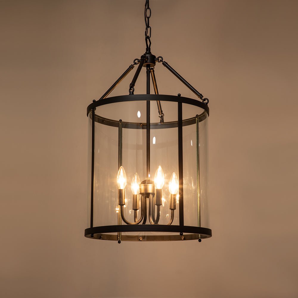 Lampadario a lanterna in vetro cilindrico con 4 luci in stile industriale