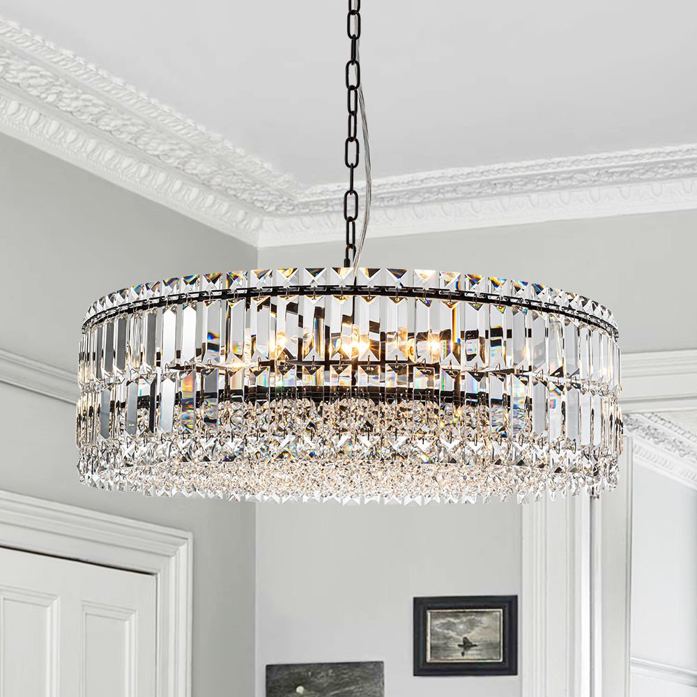 Lampadario rotondo a tamburo di lusso con 8 luci e accenti in cristallo per sala da pranzo