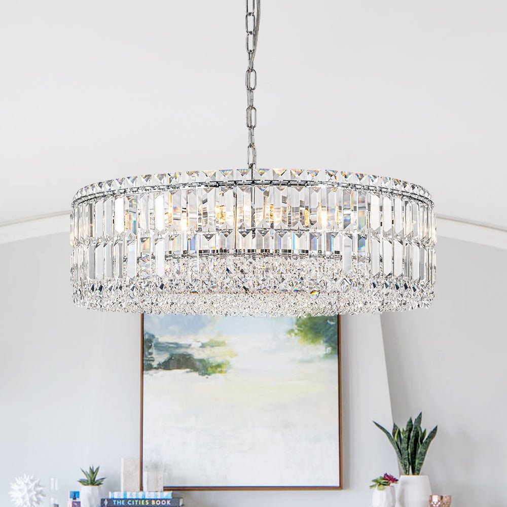 Lampadario rotondo a tamburo di lusso con 8 luci e accenti in cristallo per sala da pranzo