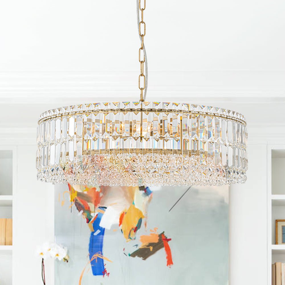 Lampadario rotondo a tamburo di lusso con 8 luci e accenti in cristallo per sala da pranzo
