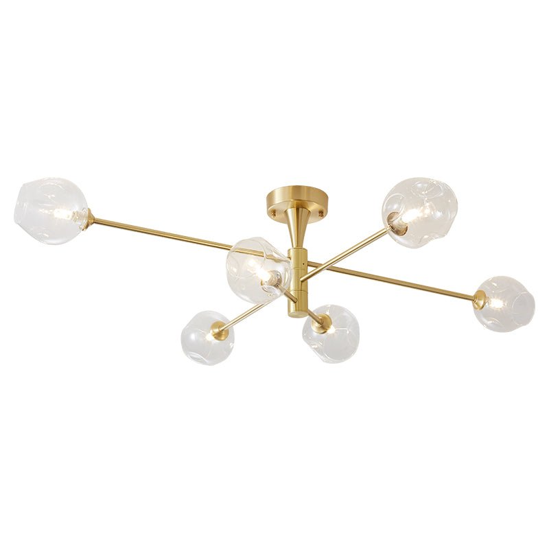 Lampada da soffitto semi flush Sputnik a 6 luci con globo in vetro aperto stile Mid-Century
