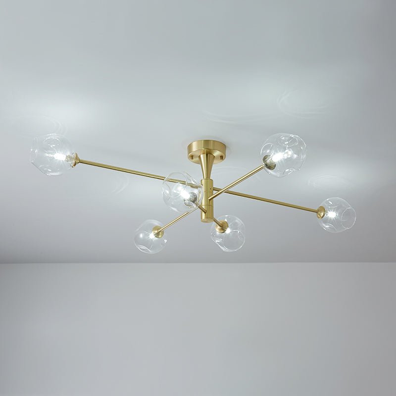 Lampada da soffitto semi flush Sputnik a 6 luci con globo in vetro aperto stile Mid-Century