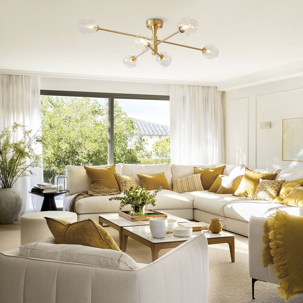 Lampada da soffitto semi flush Sputnik a 6 luci con globo in vetro aperto stile Mid-Century