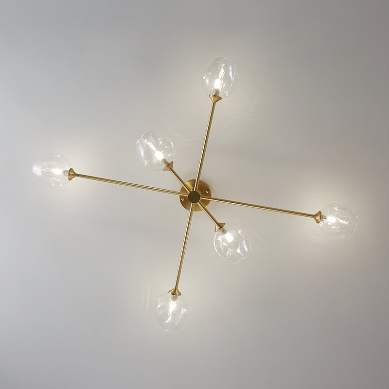 Lampada da soffitto semi flush Sputnik a 6 luci con globo in vetro aperto stile Mid-Century
