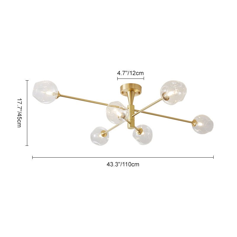 Lampada da soffitto semi flush Sputnik a 6 luci con globo in vetro aperto stile Mid-Century