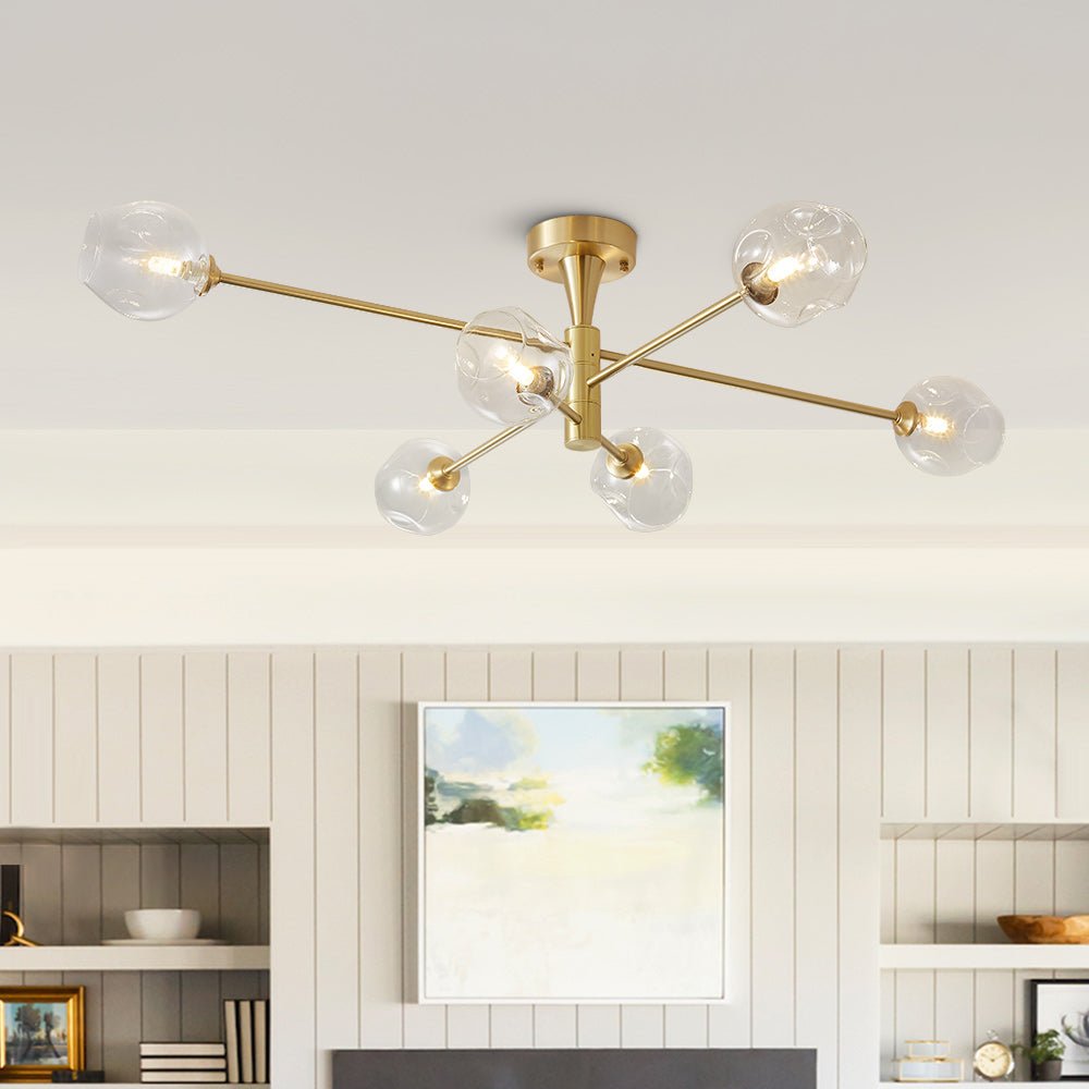 Lampada da soffitto semi flush Sputnik a 6 luci con globo in vetro aperto stile Mid-Century