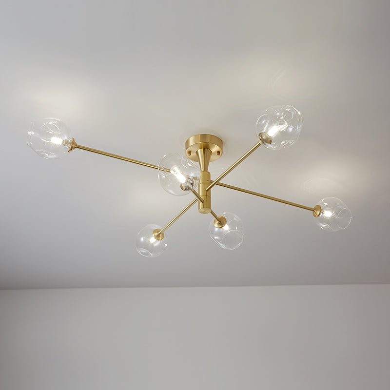 Lampada da soffitto semi flush Sputnik a 6 luci con globo in vetro aperto stile Mid-Century