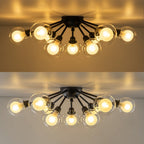 Lampada da soffitto semi-flush in vetro doppio strato a 9 luci stile Mid-Century Sputnik