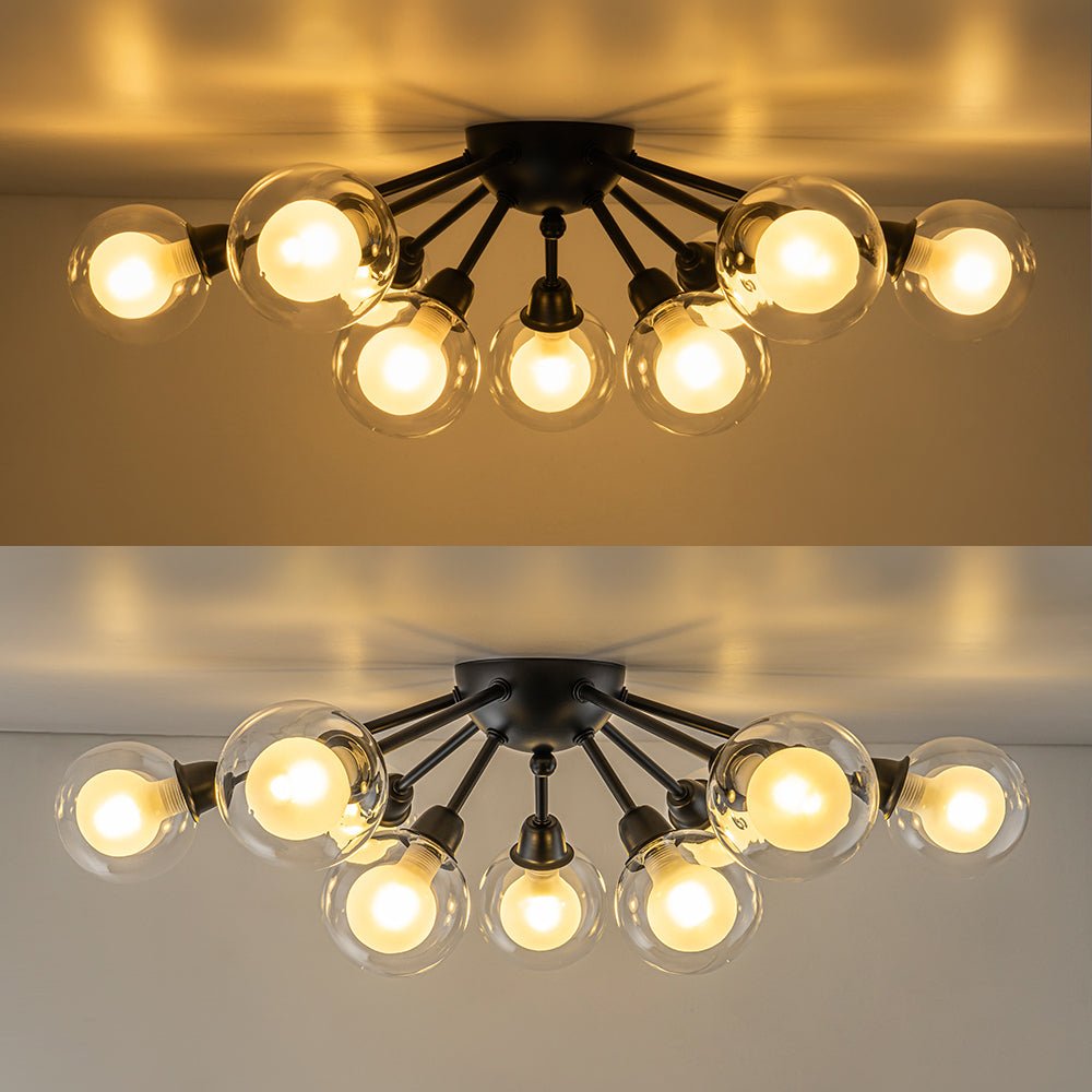 Lampada da soffitto semi-flush in vetro doppio strato a 9 luci stile Mid-Century Sputnik
