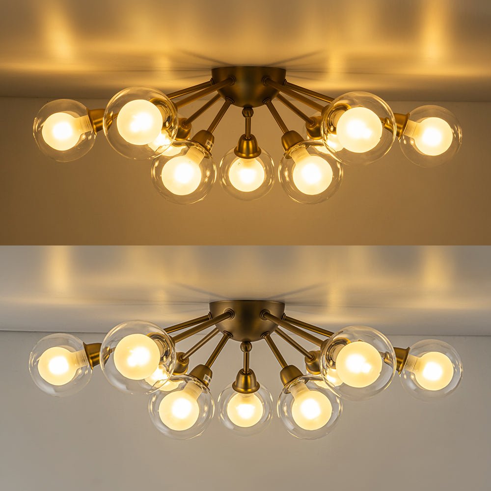 Lampada da soffitto semi-flush in vetro doppio strato a 9 luci stile Mid-Century Sputnik