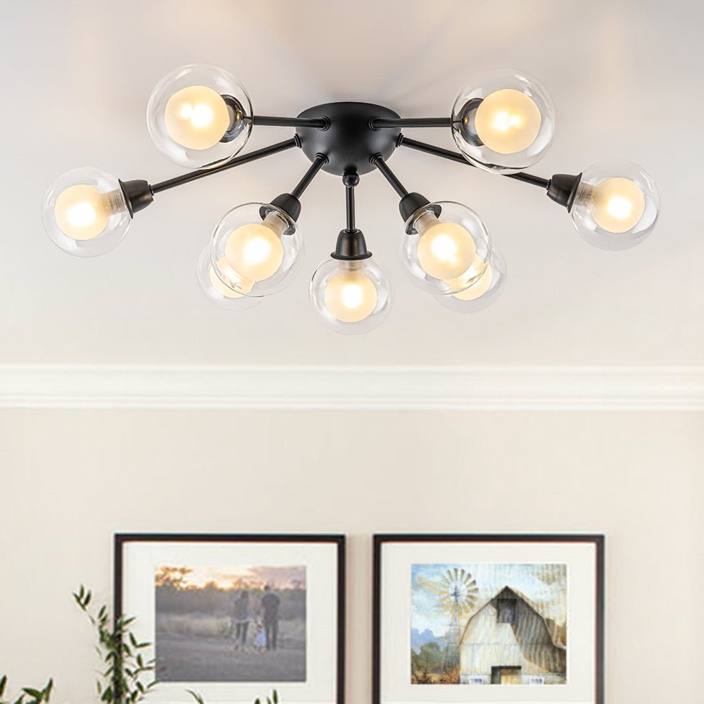 Lampada da soffitto semi-flush in vetro doppio strato a 9 luci stile Mid-Century Sputnik