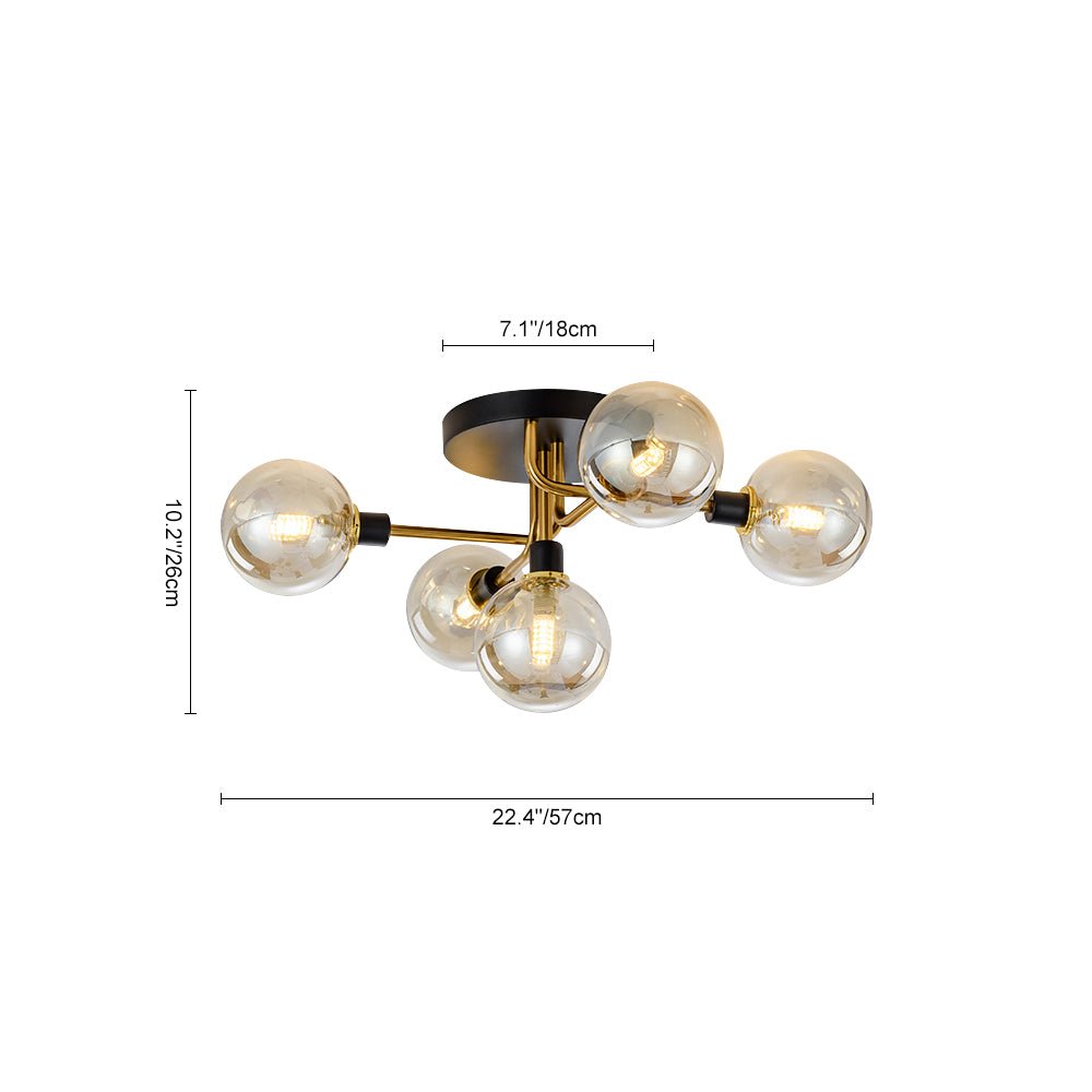 Lampada da soffitto semi incassata a globo in vetro con 5 luci in stile Mid-Century Modern
