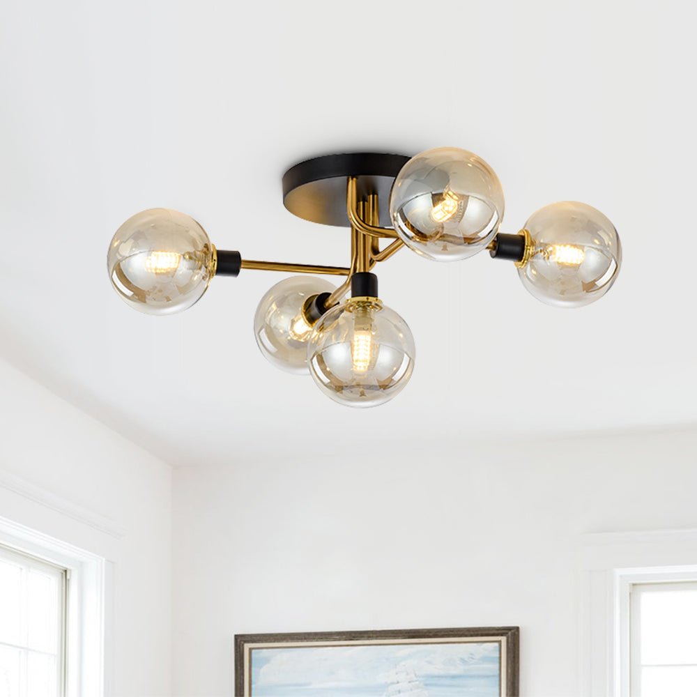 Lampada da soffitto semi incassata a globo in vetro con 5 luci in stile Mid-Century Modern