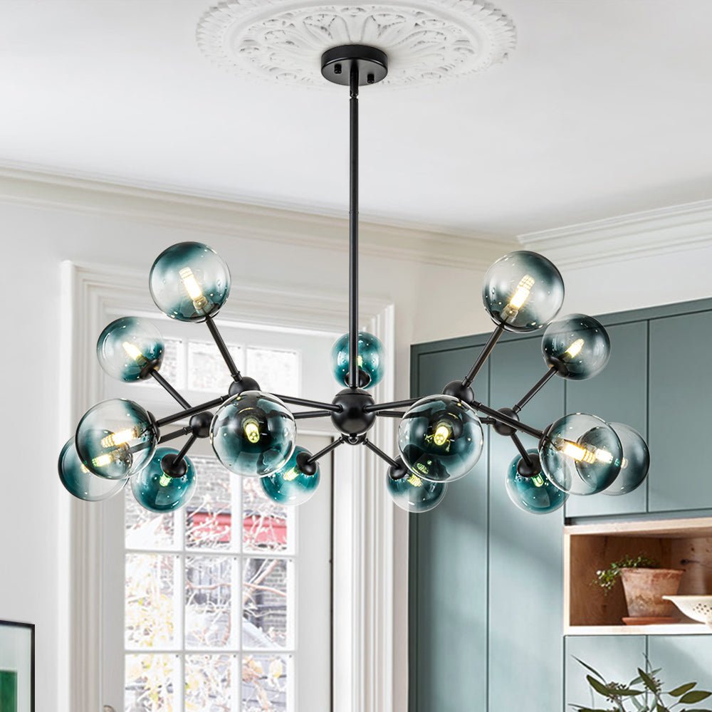 Moderno Lampadario Lineare in Vetro Globo Blu Gradiente con 15 Luci Sputnik