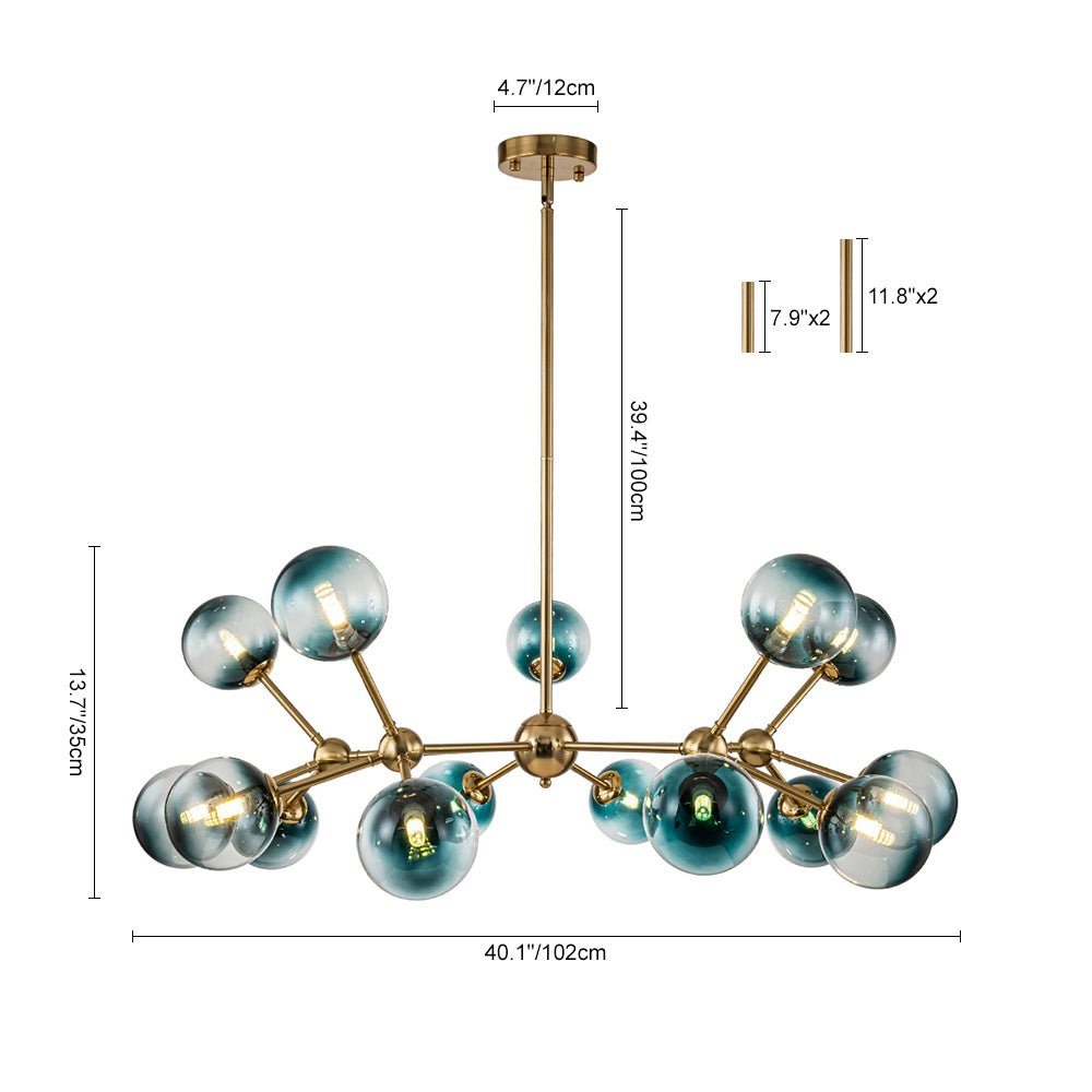 Moderno Lampadario Lineare in Vetro Globo Blu Gradiente con 15 Luci Sputnik