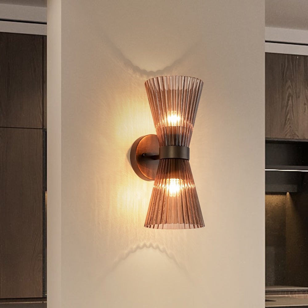 Applique Moderna a 2 Luci con Paralume in Vetro Pieghettato a Doppio Cono