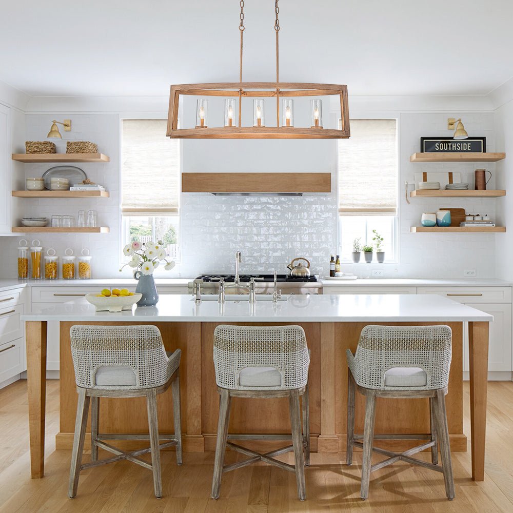 Lampadario Moderno a 5 Luci per Isola Cucina Rettangolare con Paralumi in Vetro