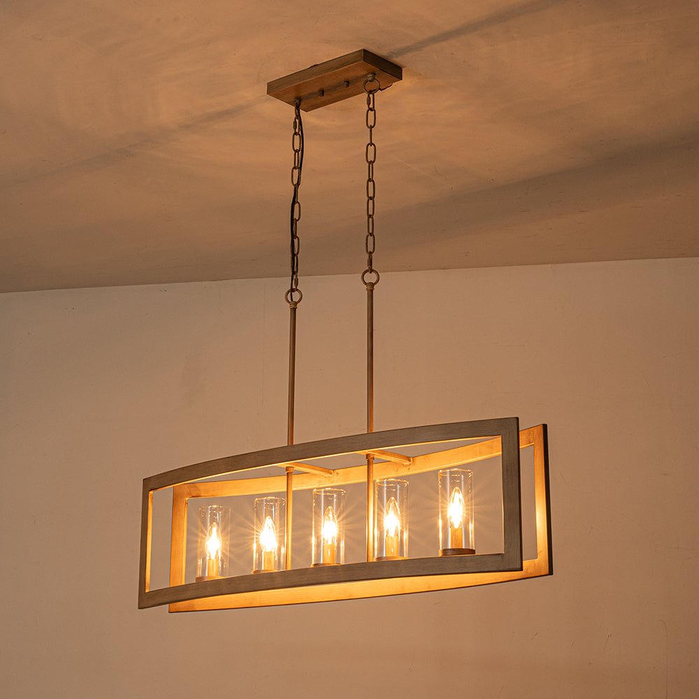 Lampadario Moderno a 5 Luci per Isola Cucina Rettangolare con Paralumi in Vetro
