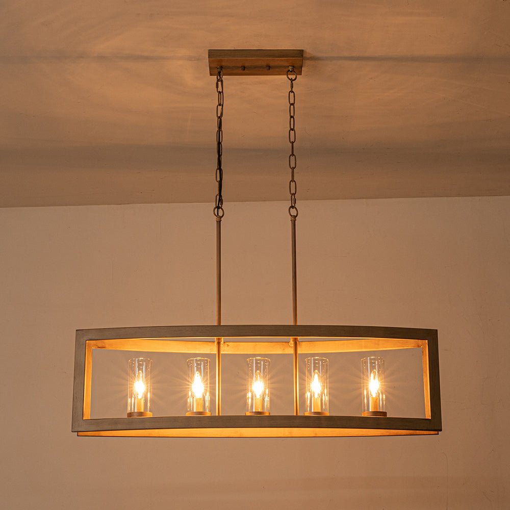 Lampadario Moderno a 5 Luci per Isola Cucina Rettangolare con Paralumi in Vetro