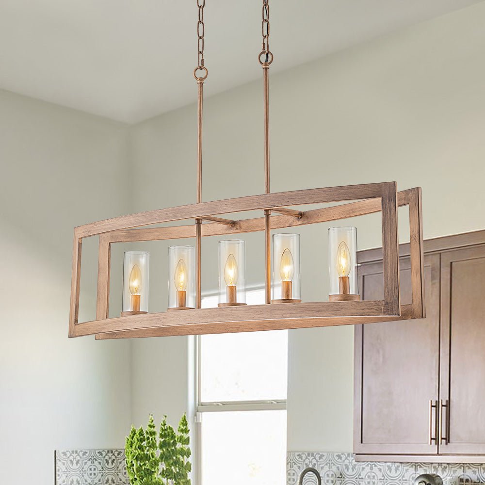 Lampadario Moderno a 5 Luci per Isola Cucina Rettangolare con Paralumi in Vetro
