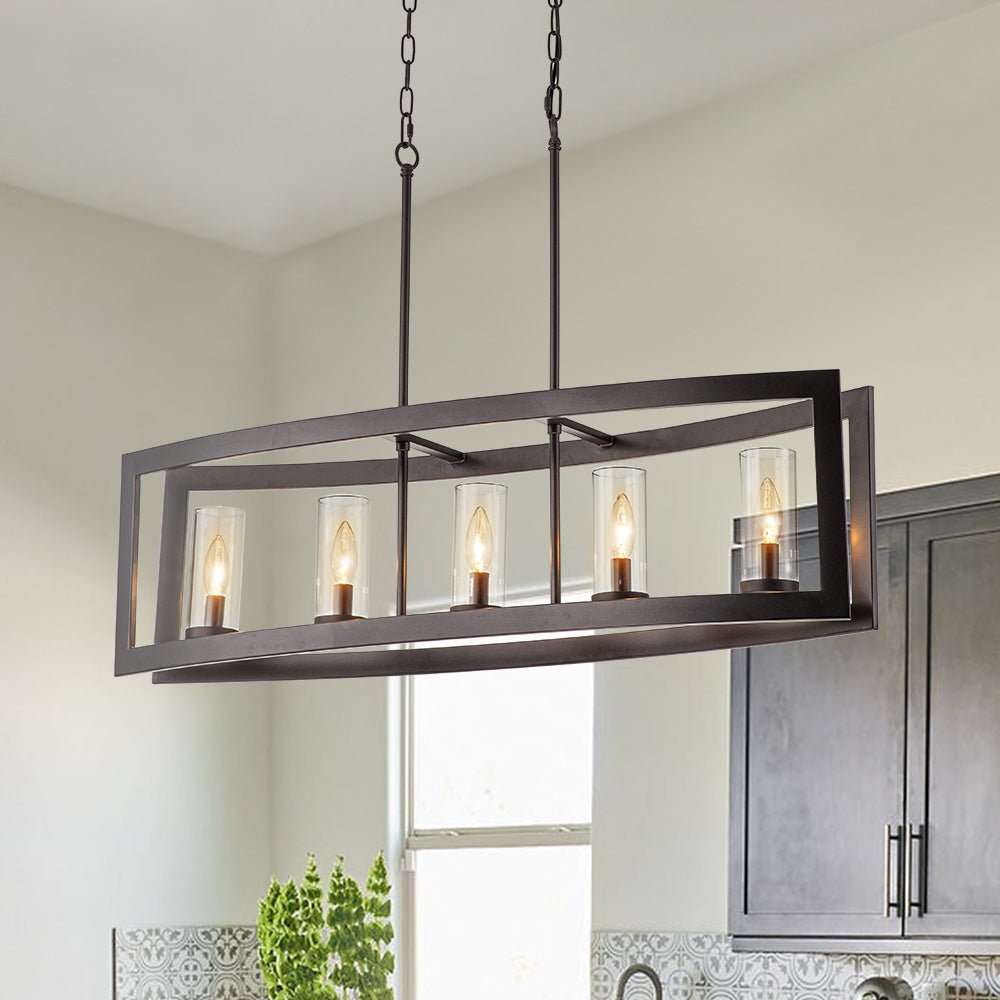 Lampadario Moderno a 5 Luci per Isola Cucina Rettangolare con Paralumi in Vetro