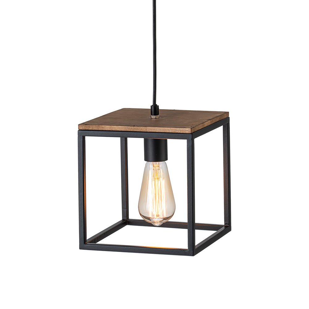 Lampadario Quadrato a Gabbia con 1 Luce e Accenti in Legno Stile Moderno Fattoria