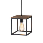 Lampadario Quadrato a Gabbia con 1 Luce e Accenti in Legno Stile Moderno Fattoria