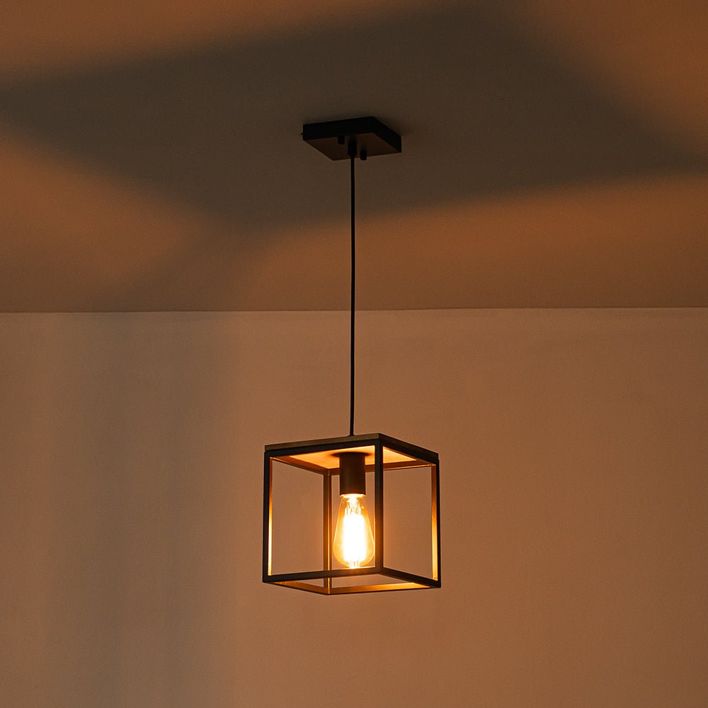 Lampadario Quadrato a Gabbia con 1 Luce e Accenti in Legno Stile Moderno Fattoria