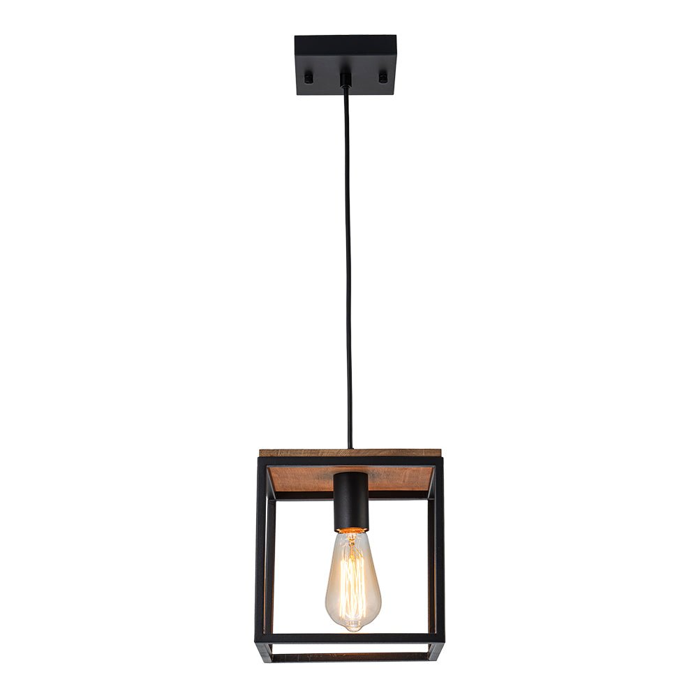 Lampadario Quadrato a Gabbia con 1 Luce e Accenti in Legno Stile Moderno Fattoria