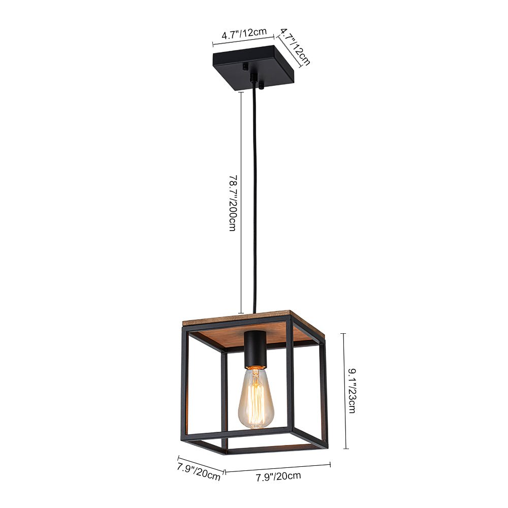 Lampadario Quadrato a Gabbia con 1 Luce e Accenti in Legno Stile Moderno Fattoria