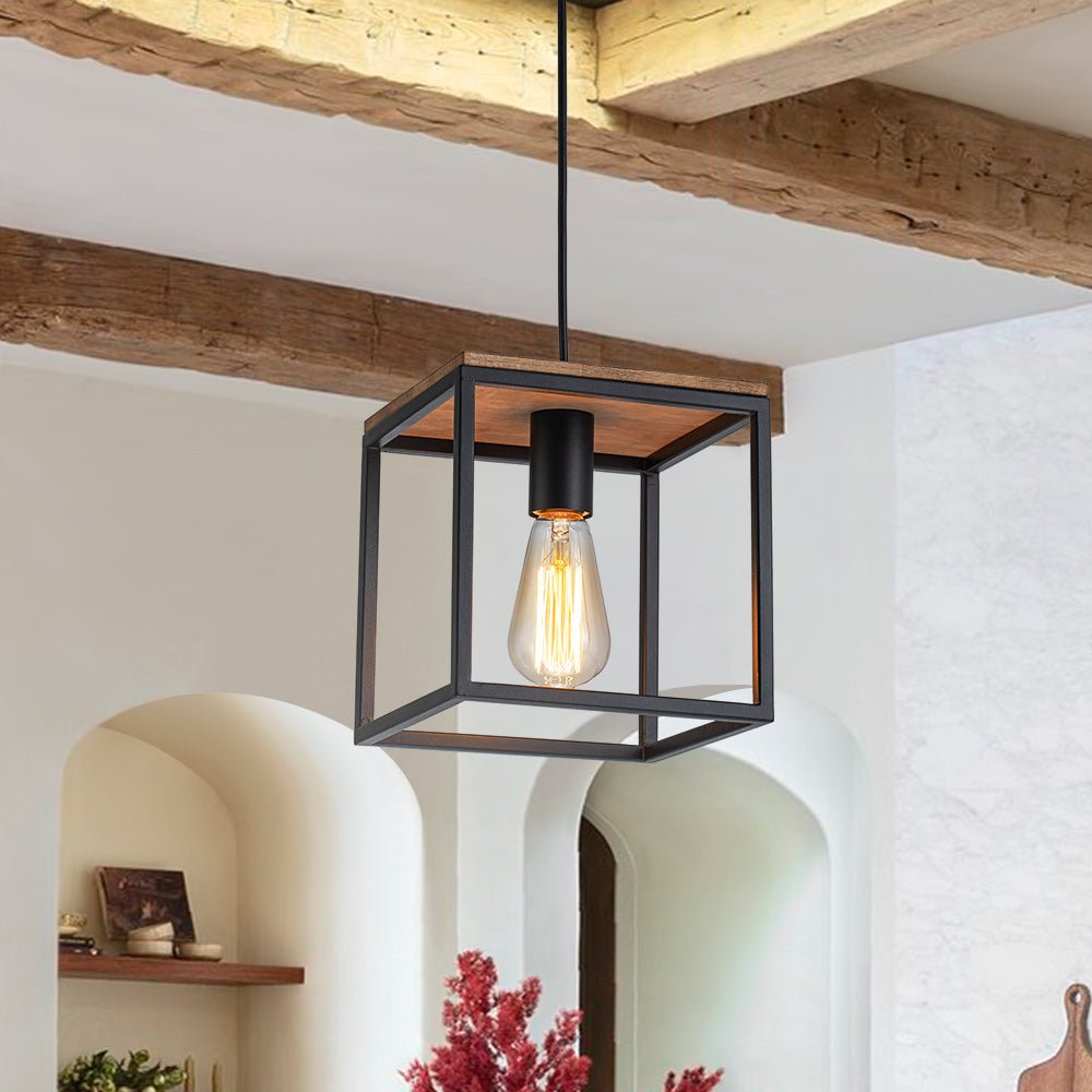Lampadario Quadrato a Gabbia con 1 Luce e Accenti in Legno Stile Moderno Fattoria