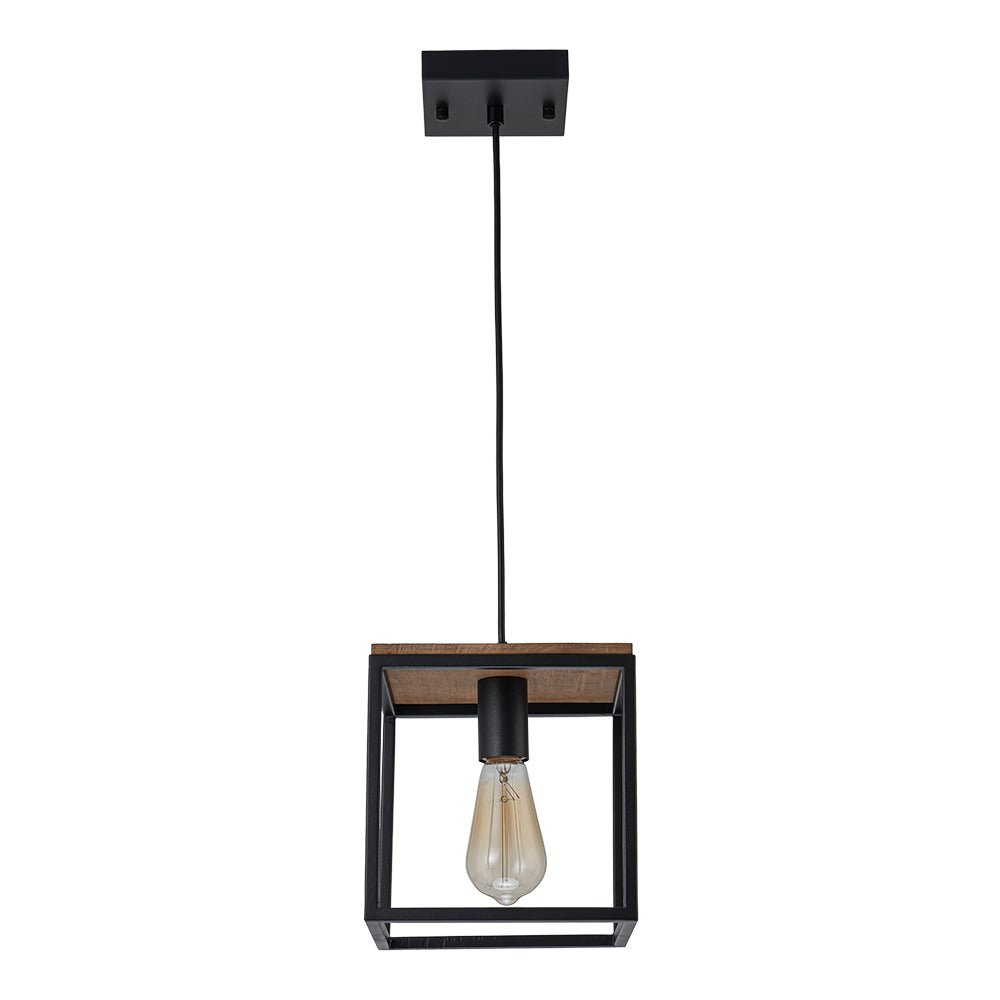 Lampadario Quadrato a Gabbia con 1 Luce e Accenti in Legno Stile Moderno Fattoria