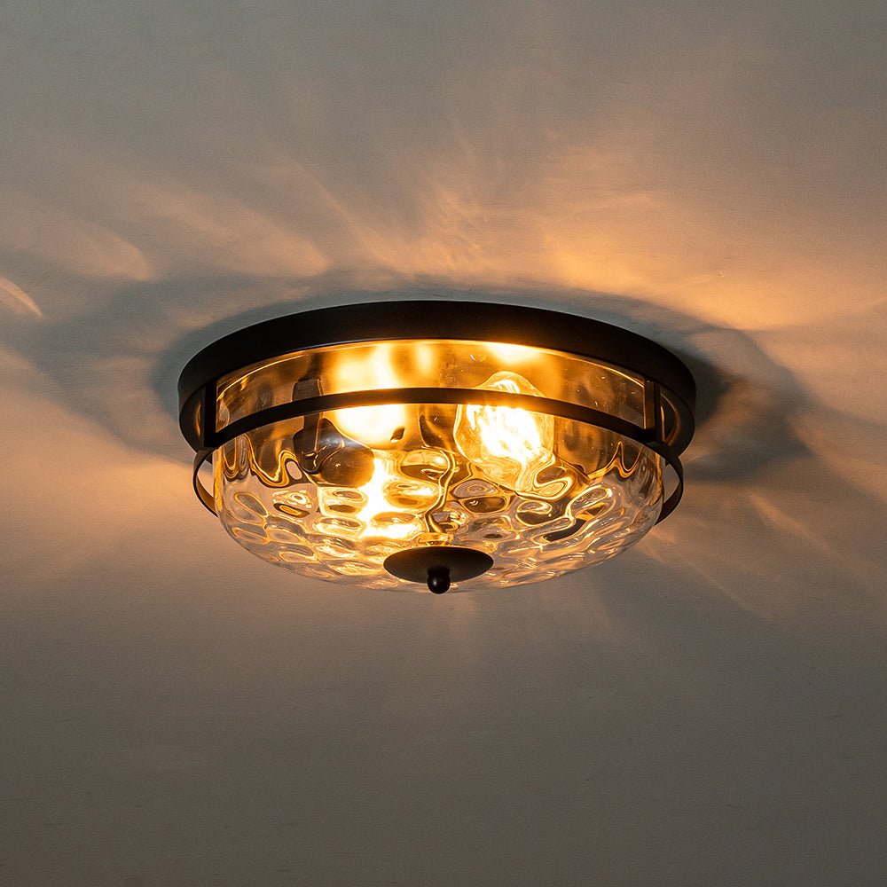Luce da soffitto rotonda a 2 luci con paralume in vetro martellato in stile fattoria moderna