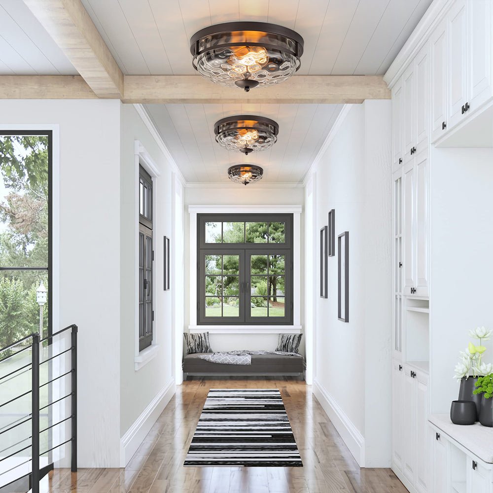 Luce da soffitto rotonda a 2 luci con paralume in vetro martellato in stile fattoria moderna
