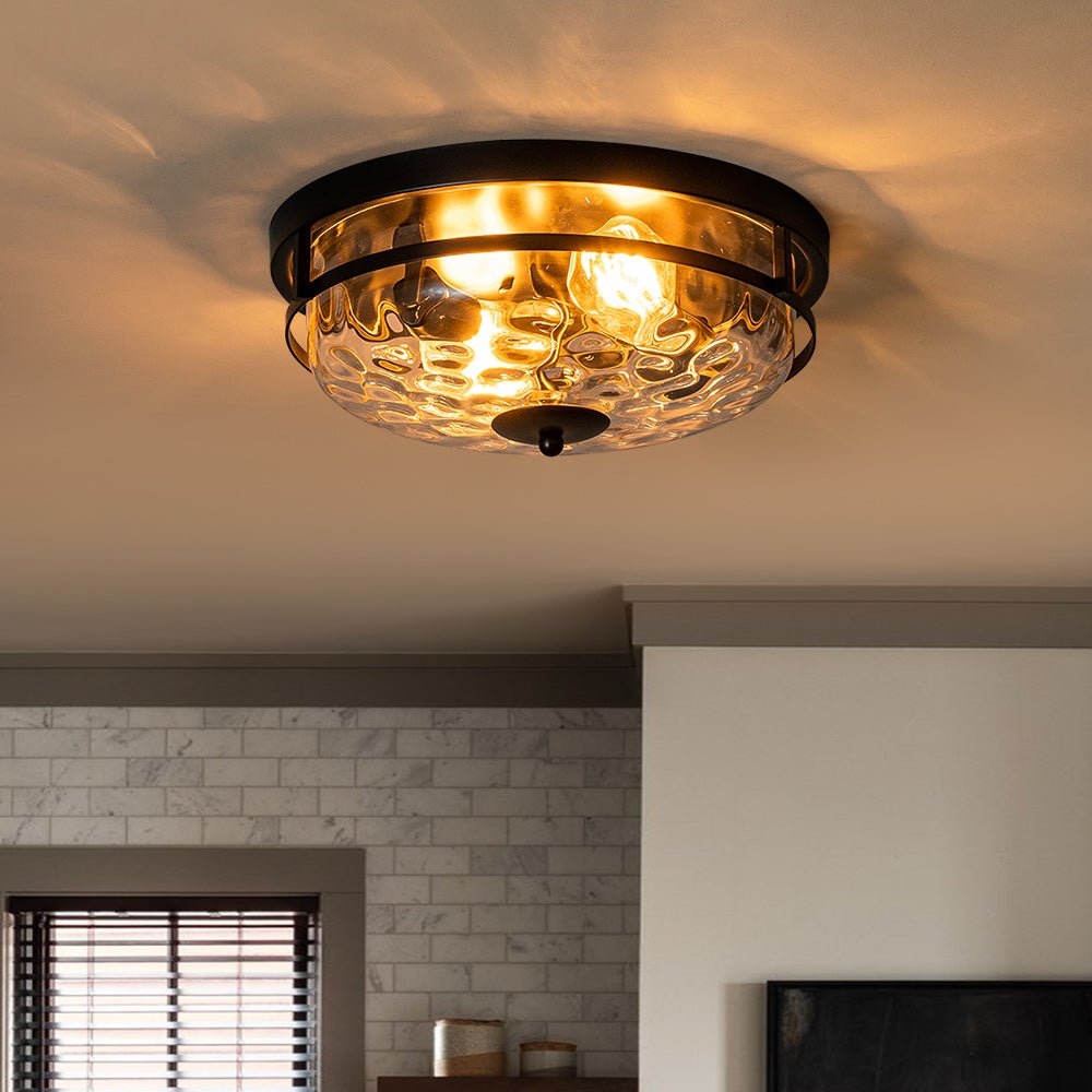 Luce da soffitto rotonda a 2 luci con paralume in vetro martellato in stile fattoria moderna