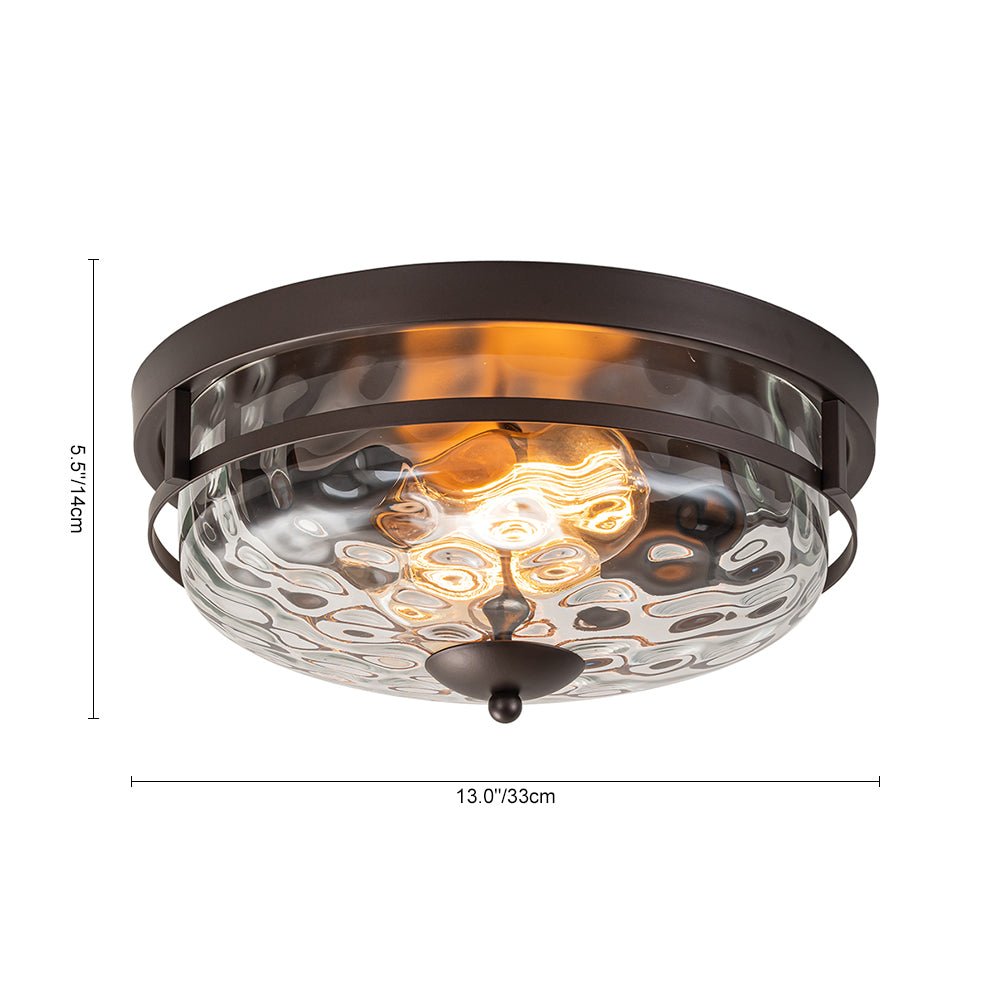 Luce da soffitto rotonda a 2 luci con paralume in vetro martellato in stile fattoria moderna