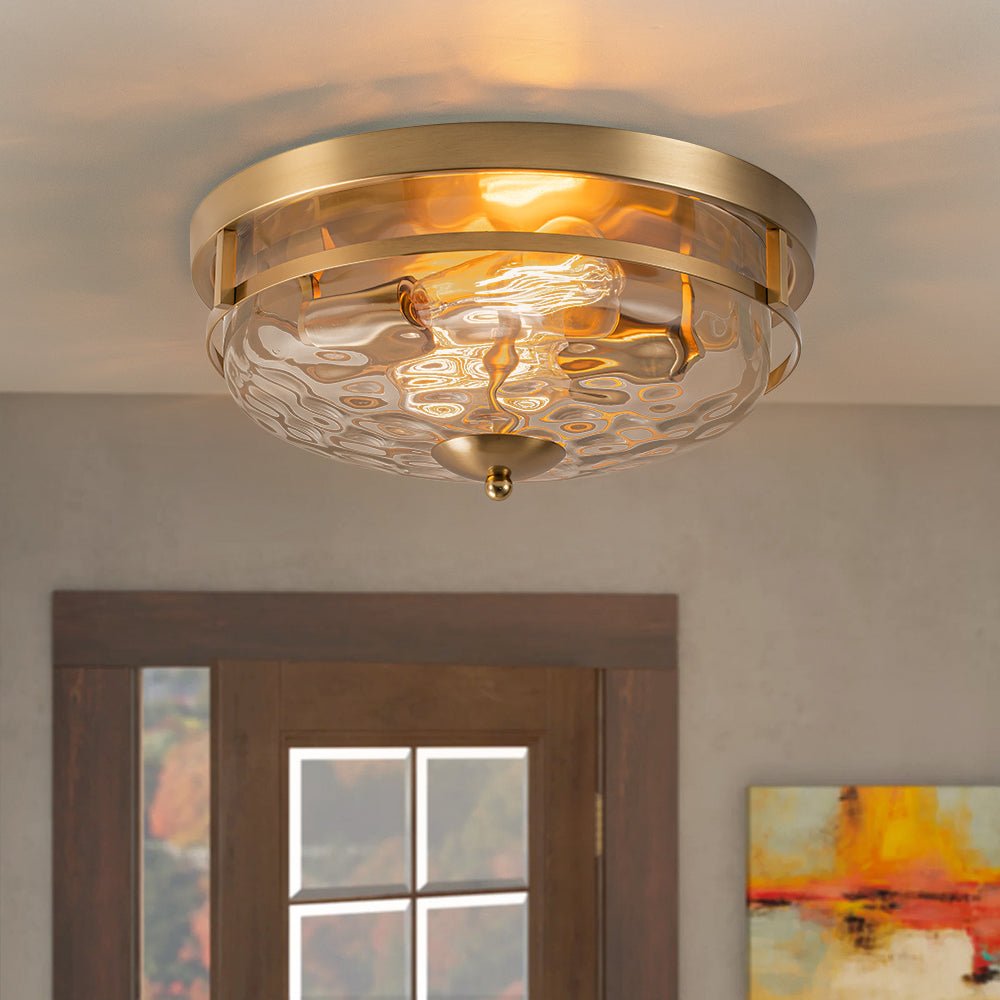 Luce da soffitto rotonda a 2 luci con paralume in vetro martellato in stile fattoria moderna