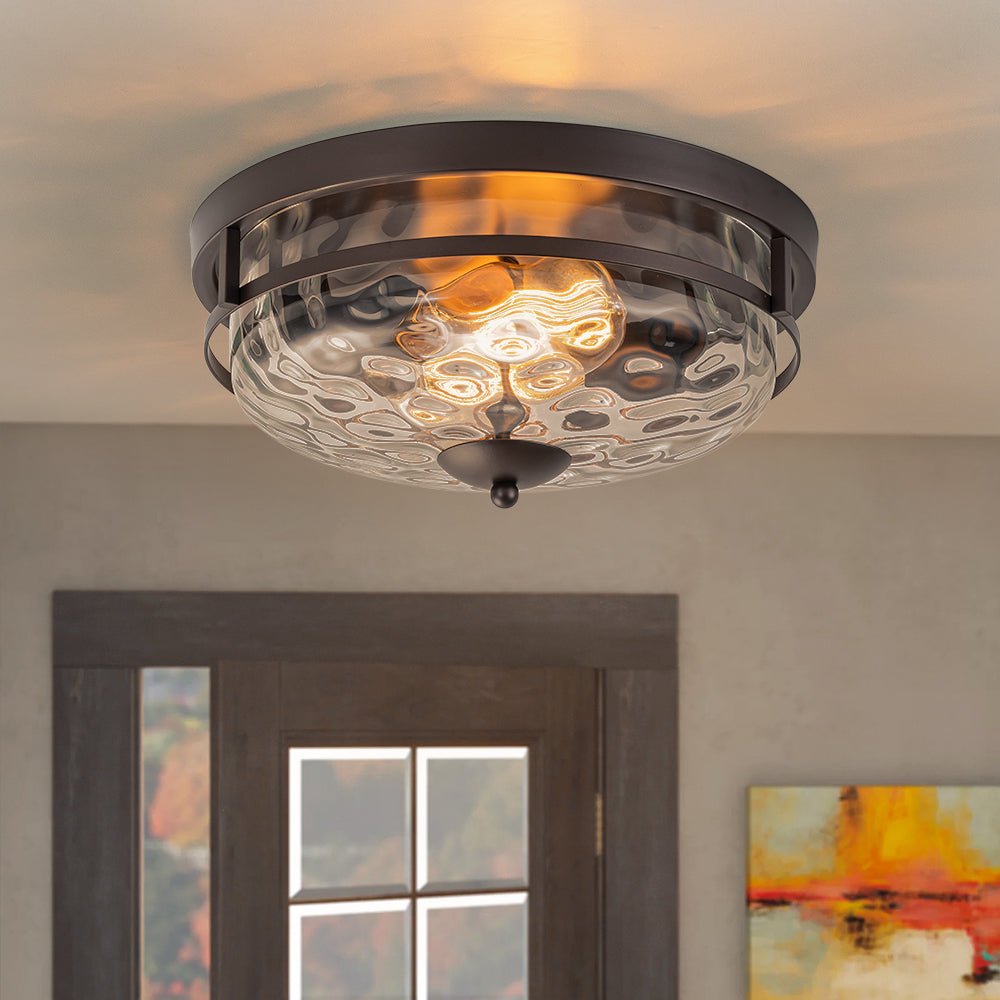 Luce da soffitto rotonda a 2 luci con paralume in vetro martellato in stile fattoria moderna