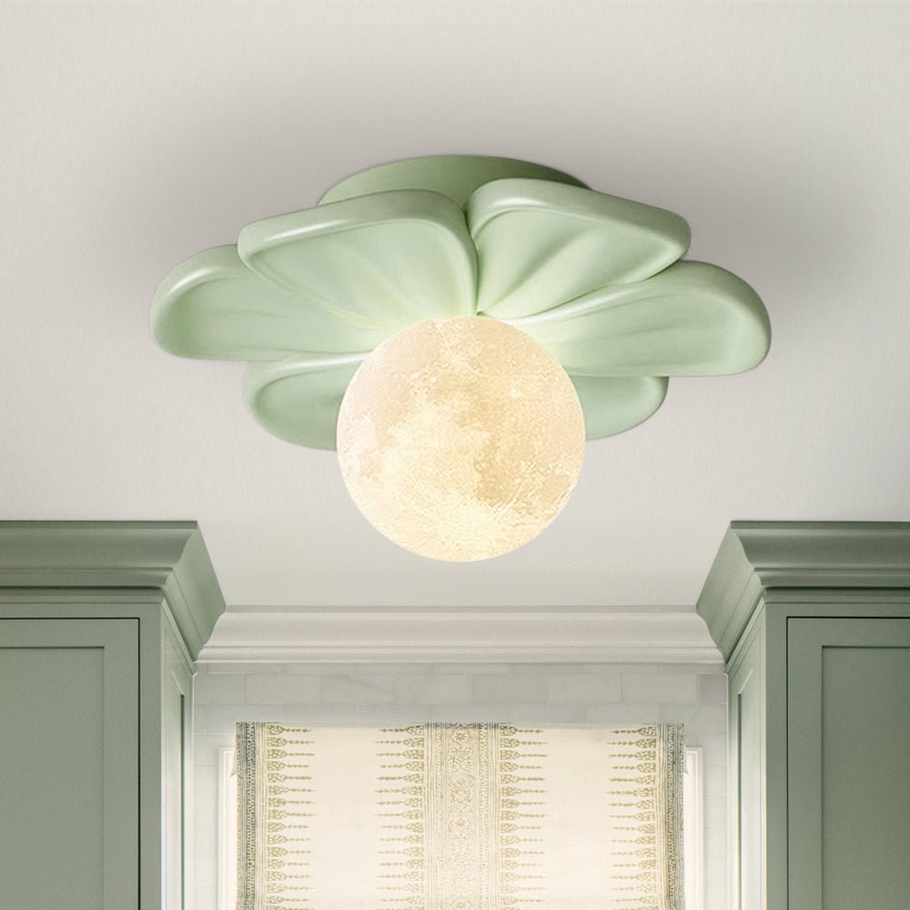 Nordic 1-Light Moon Globe Creamy Flower Resin Semi Flush Mount