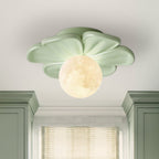 Nordic 1-Light Moon Globe Creamy Flower Resin Semi Flush Mount