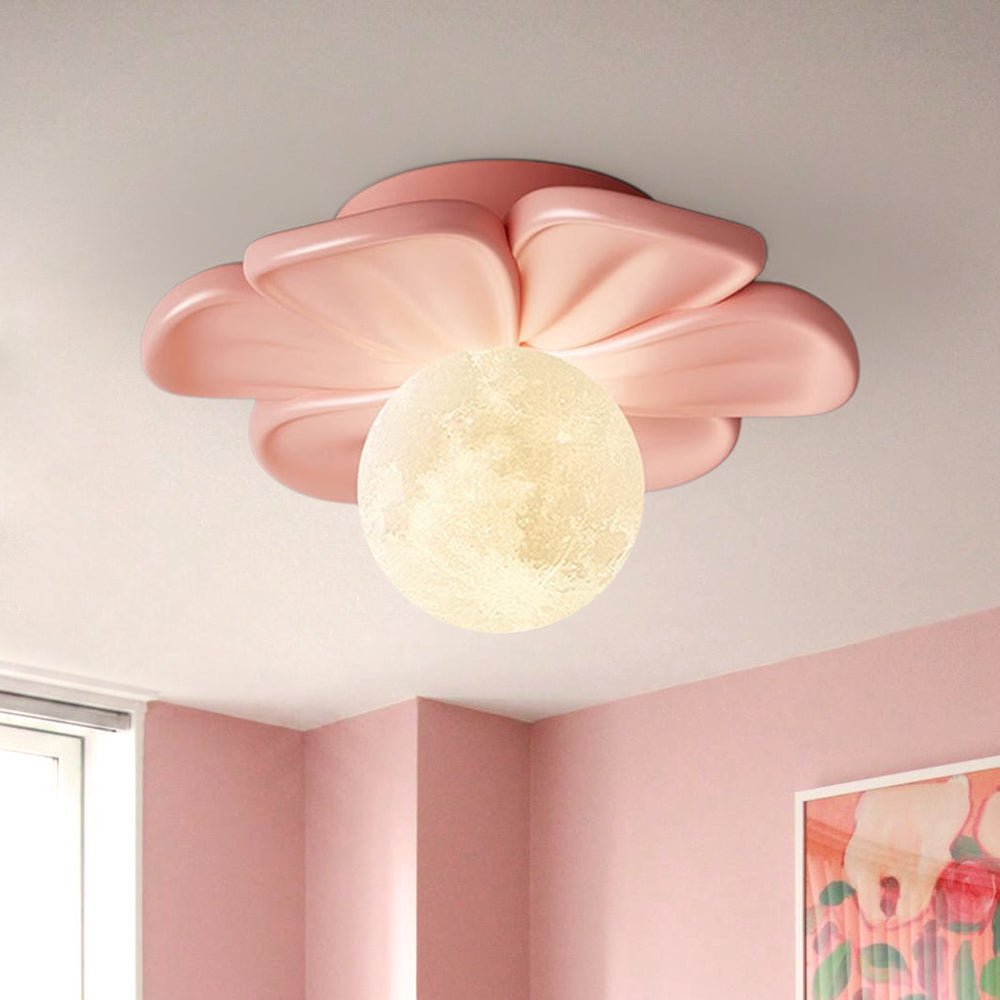 Nordic 1-Light Moon Globe Creamy Flower Resin Semi Flush Mount
