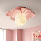 Nordic 1-Light Moon Globe Creamy Flower Resin Semi Flush Mount