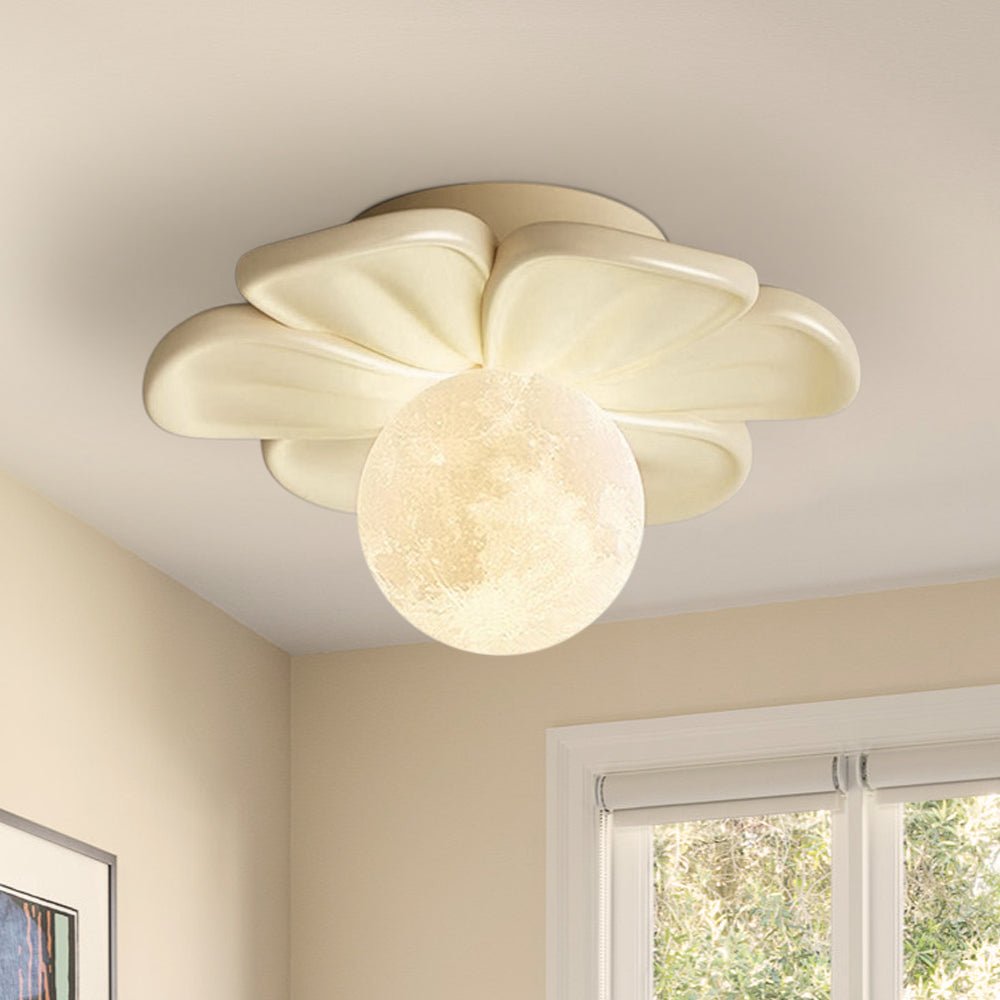 Nordic 1-Light Moon Globe Creamy Flower Resin Semi Flush Mount