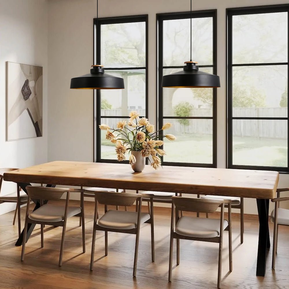 Lampada a sospensione con accenti in legno a cupola piatta da 1 luce per isola cucina
