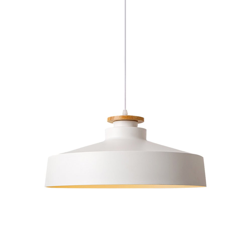 Lampada a sospensione con accenti in legno a cupola piatta da 1 luce per isola cucina