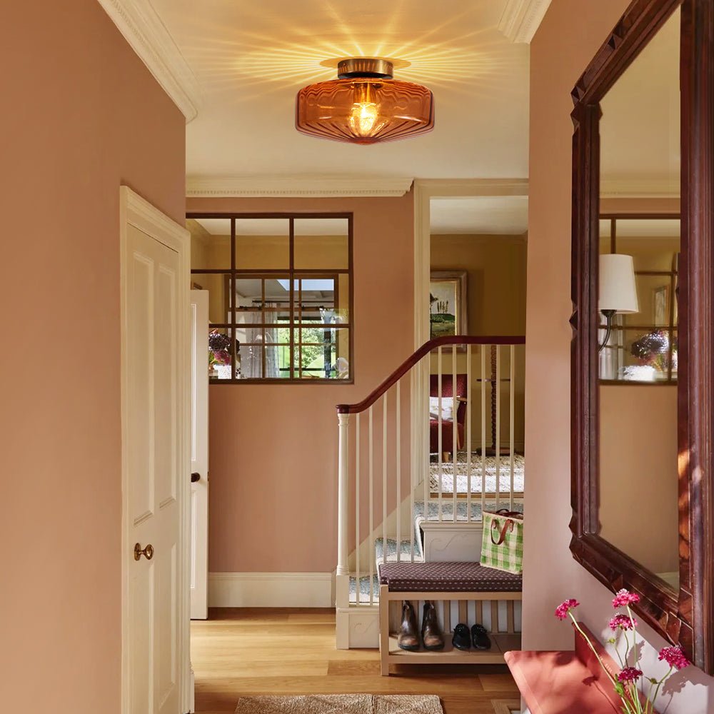 Retro 1-Luce Lampada a Soffitto Semincasso in Vetro Rigato Stile Scuola